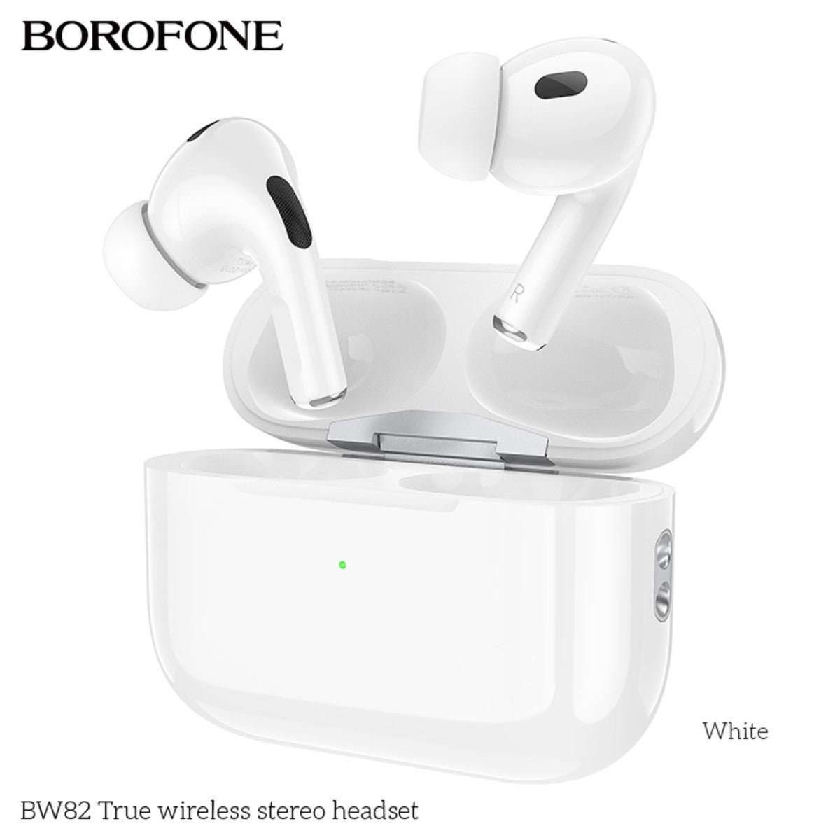 BOROFONE BW82 True Wireless Stereo Headset White with in-ear design and charging case, ideal for immersive audio on the go.